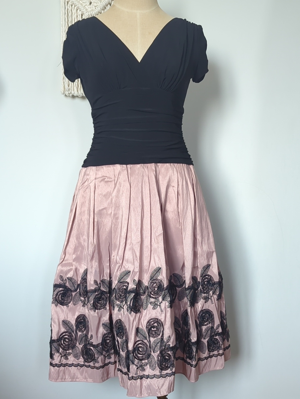S.L. Fashions Dress Black Top with Pink Floral Embroidered Skirt Size 6